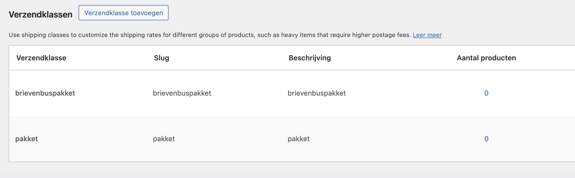 WooCommerce brievenbus verzendklasse aanmaken