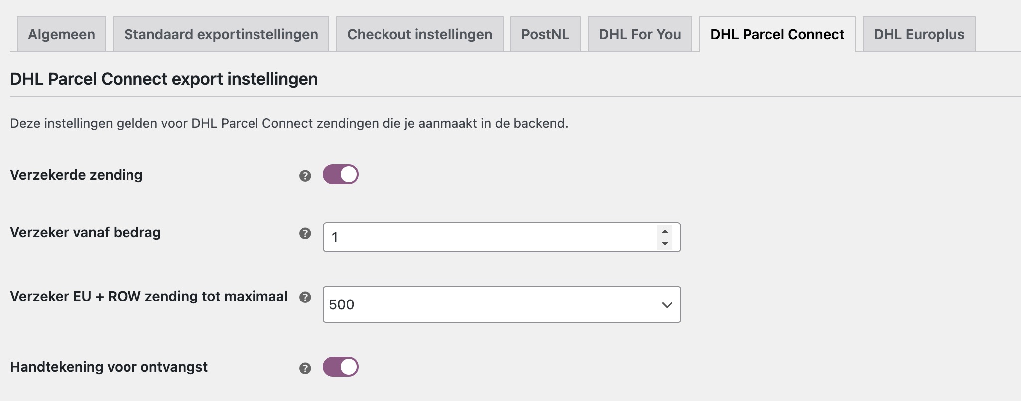 WooCommerce DHL Parcel Connect exportinstellingen